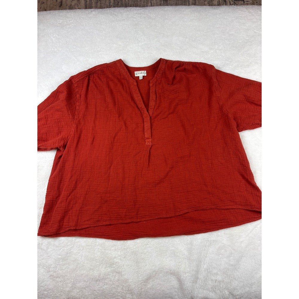 Wonderly Burnt Orange Gauze Split V-Neck Blouse XL Short Ruffle Sleeve Top